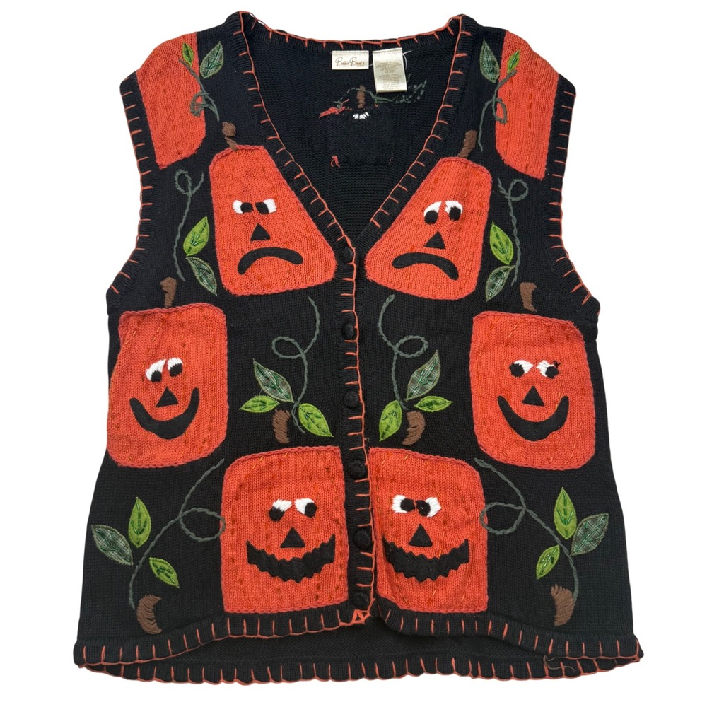 Bobbie Brooks Woman Halloween Pumpkin Sweater Vest Black Orange Beaded 14W/16W